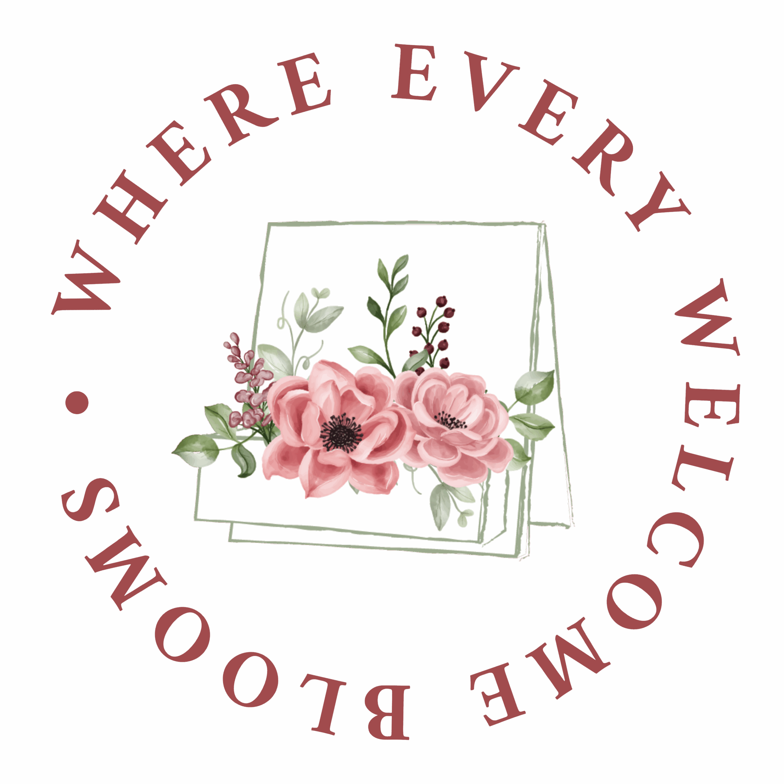 Tagline and icon "where every welcome blooms" in a circle.