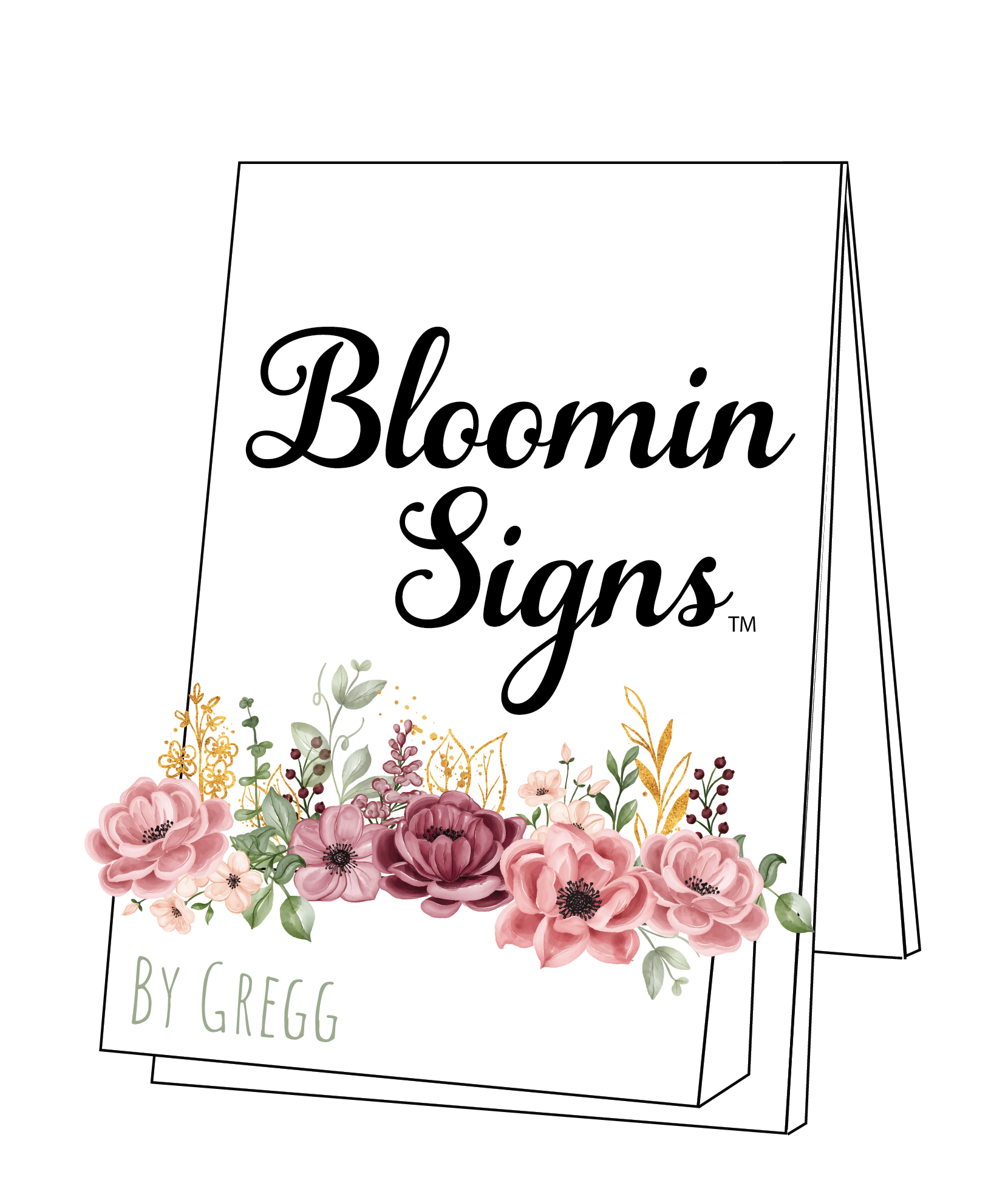 Bloomin Signs logo - an A-frame sign with their name on it, and a floral box below the name filled with pink, mauve, and gold florals